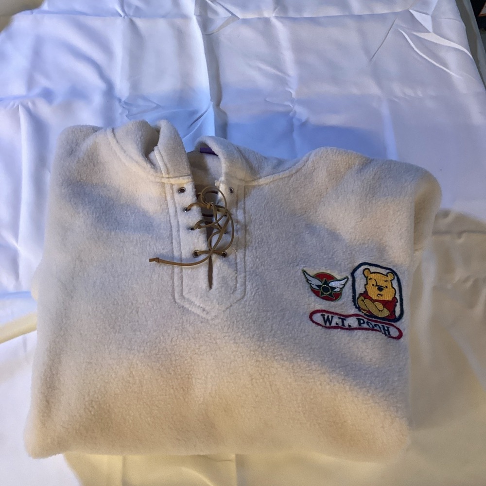 Disney Womens Leather Lace Up Fleece Pullover XL Cream Embroidered Pooh Bear - Picture 10 of 10